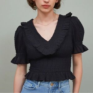 Anthropologie Smocked Black V-Neck Ruffle Peplum Blouse